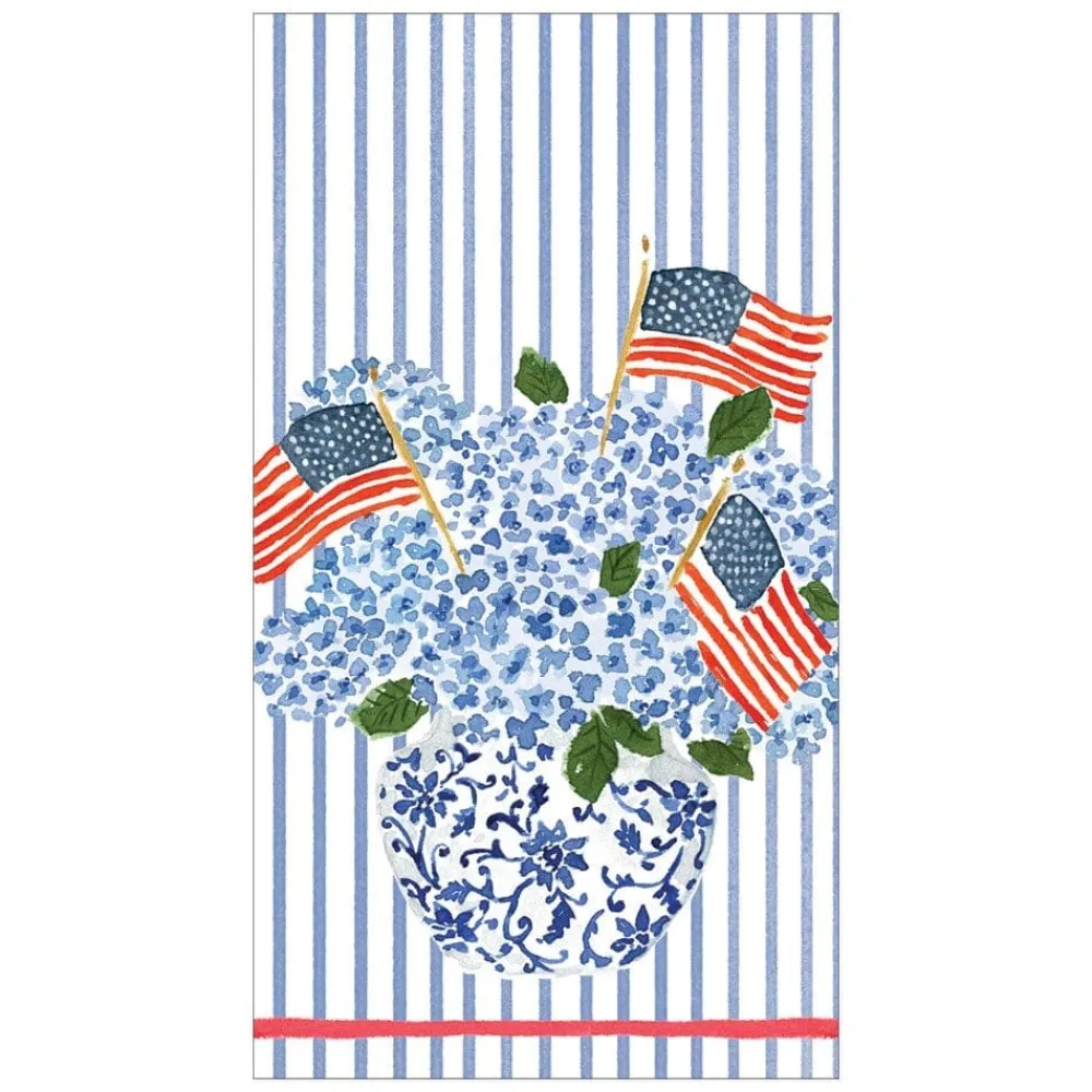 Caspari Fourth Of July|Memorial Day|Flags and Hydrangeas Paper Guest Towel Napkins - 15 Per Package