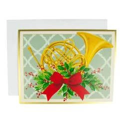 Caspari Christmas And Holiday Cards|Boxed Holiday Cards|French Horn With Swag Large Boxed Christmas Cards - includes 15 cards & envelopes