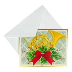 Caspari Christmas And Holiday Cards|Boxed Holiday Cards|French Horn With Swag Large Boxed Christmas Cards - includes 15 cards & envelopes