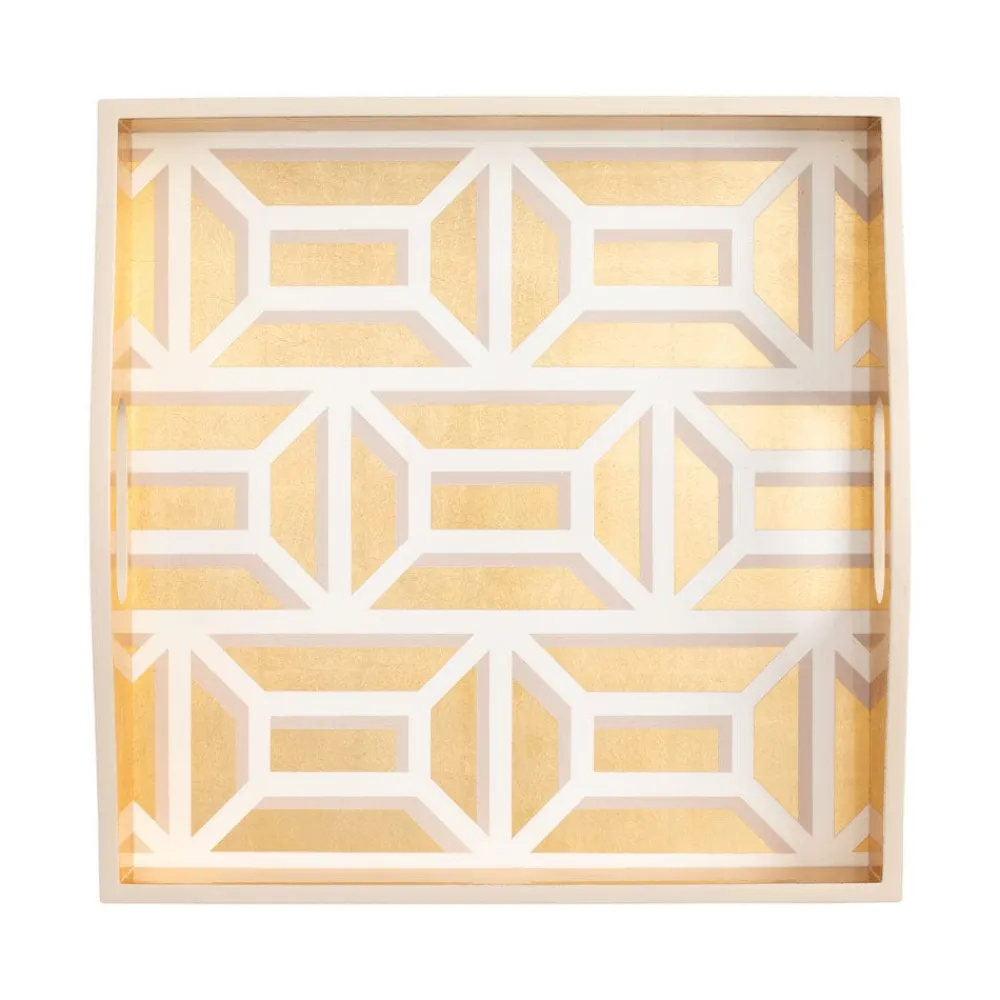 Caspari Lacquerware|Graduation Celebration|Garden Gate Lacquer Square Tray in White & Gold - 1 Each