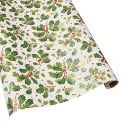 Caspari Christmas Wrapping Paper|Wrapping Paper|Gilded Holly Gift Wrapping Paper in White - 30" x 8' Roll