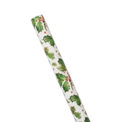Caspari Christmas Wrapping Paper|Wrapping Paper|Gilded Holly Gift Wrapping Paper in White - 30" x 8' Roll
