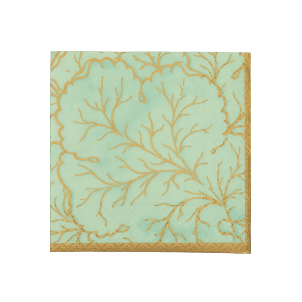 Caspari Paper Cocktail Napkins|Gilded Majolica Celadon Cocktail Napkins - includes 12 Cocktail Napkins