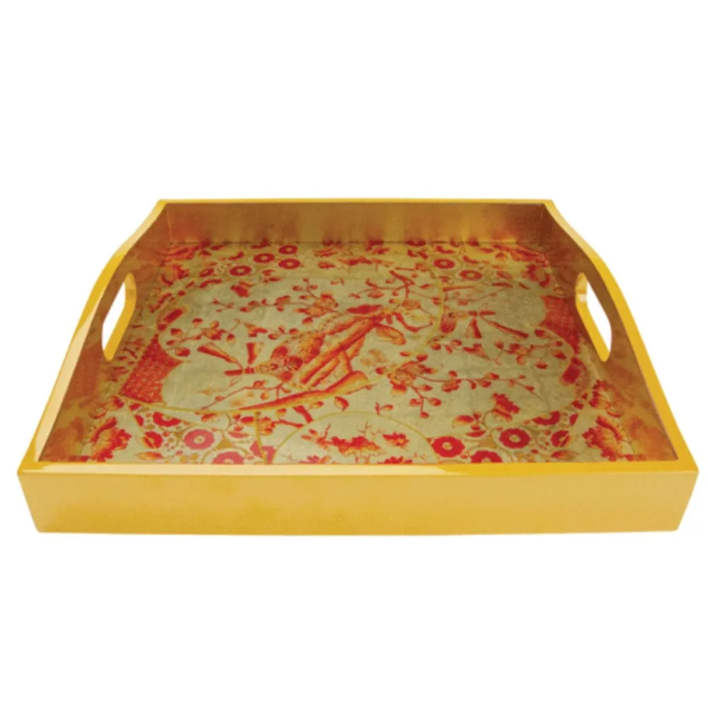 Caspari Lacquer Trays And Accessories|Serving Platters & Bowls|Gilded Porcelain Coral & Gold Lacquer Trays - 1 Each