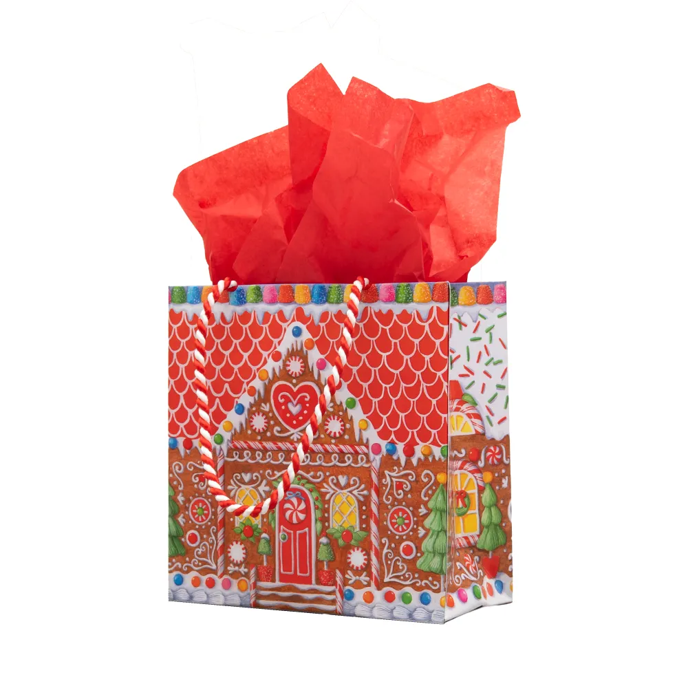 Caspari Christmas Gift & Bottle Bags|Gingerbread House Gift Bags - includes 1 Gift Bags