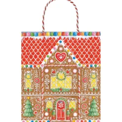 Caspari Christmas Gift & Bottle Bags|Gift & Bottle Bags|Gingerbread House Large Gift Bag 10"L x 4.75"W x 11.75"H - includes 1 bag