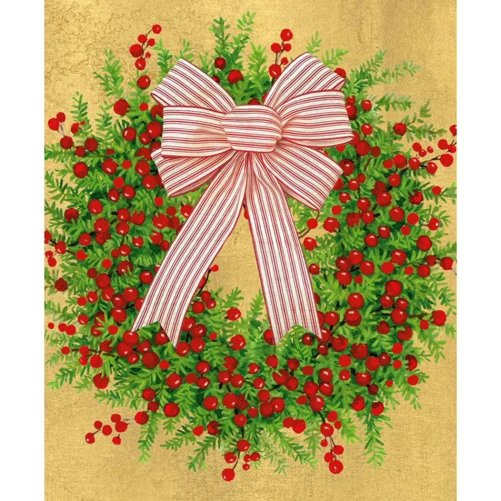 Caspari Christmas And Holiday Cards|Boxed Holiday Cards|Greenery And Berry Wreath With Bow Petite Boxed Christmas Cards - includes 15 cards & envelopes
