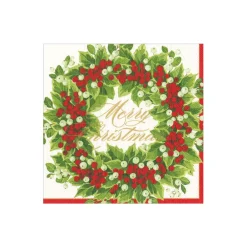 Caspari Christmas Napkins|Paper Cocktail Napkins|Holly and Berry Wreath Merry Christmas Paper Cocktail Napkins - 20 Per Package