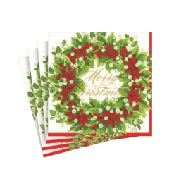 Caspari Christmas Napkins|Paper Cocktail Napkins|Holly and Berry Wreath Merry Christmas Paper Cocktail Napkins - 20 Per Package
