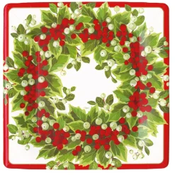 Caspari Christmas Plates|Paper Dinner Plates|Holly and Berry Wreath Paper Dinner Plates - 8 Per Package