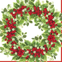 Caspari Christmas Napkins|Paper Dinner Napkins|Holly and Berry Wreath Paper Dinner Napkins - 20 Per Package