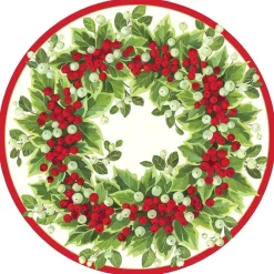 Caspari Christmas Placemats & Coasters|Paper Placemats|Holly and Berry Wreath Round Paper Placemats - 12 Per Package