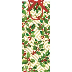Caspari Christmas Gift & Bottle Bags|Gift & Bottle Bags|Holly And Fretwork Gift Bags - includes 1 Gift Bags