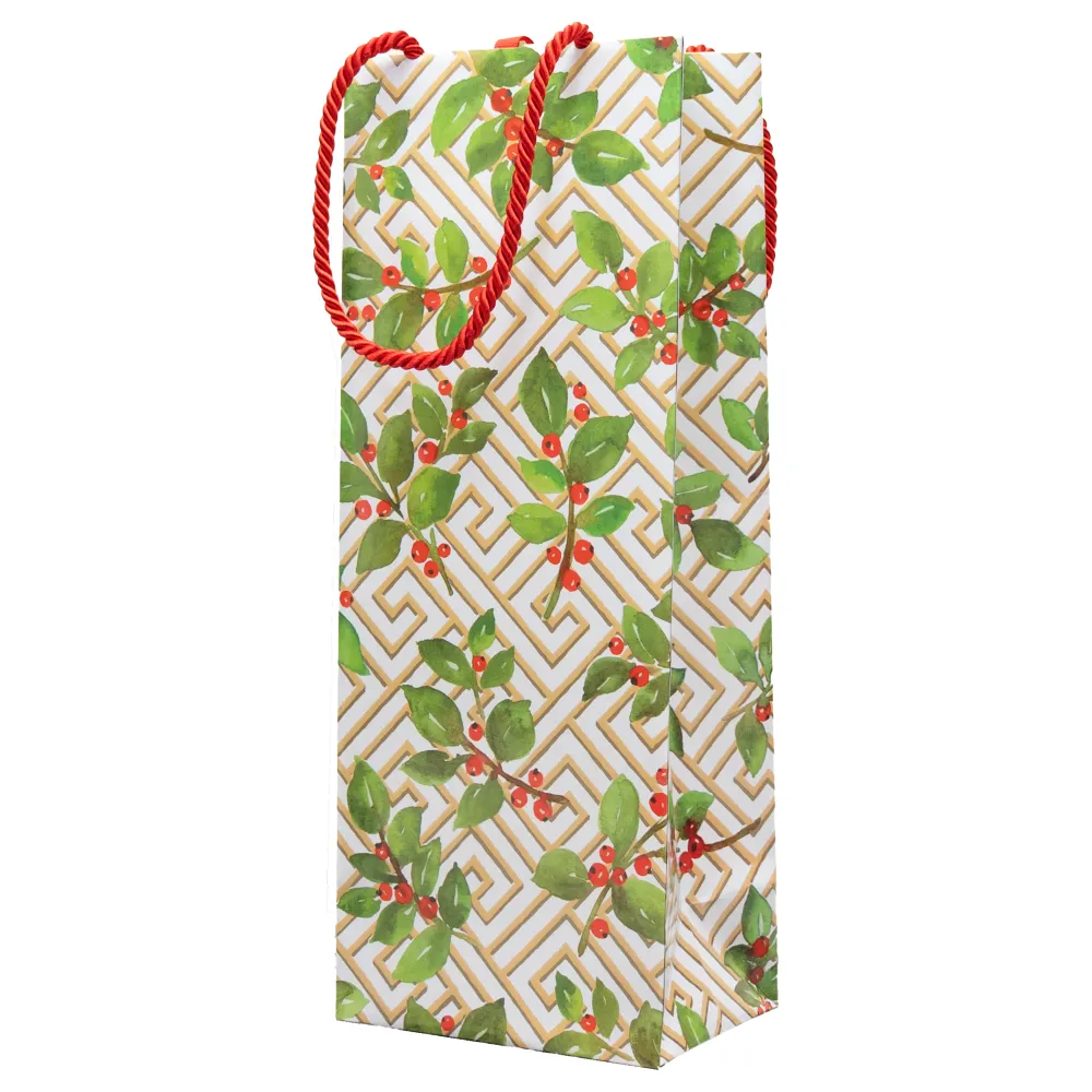 Caspari Christmas Gift & Bottle Bags|Gift & Bottle Bags|Holly And Fretwork Gift Bags - includes 1 Gift Bags
