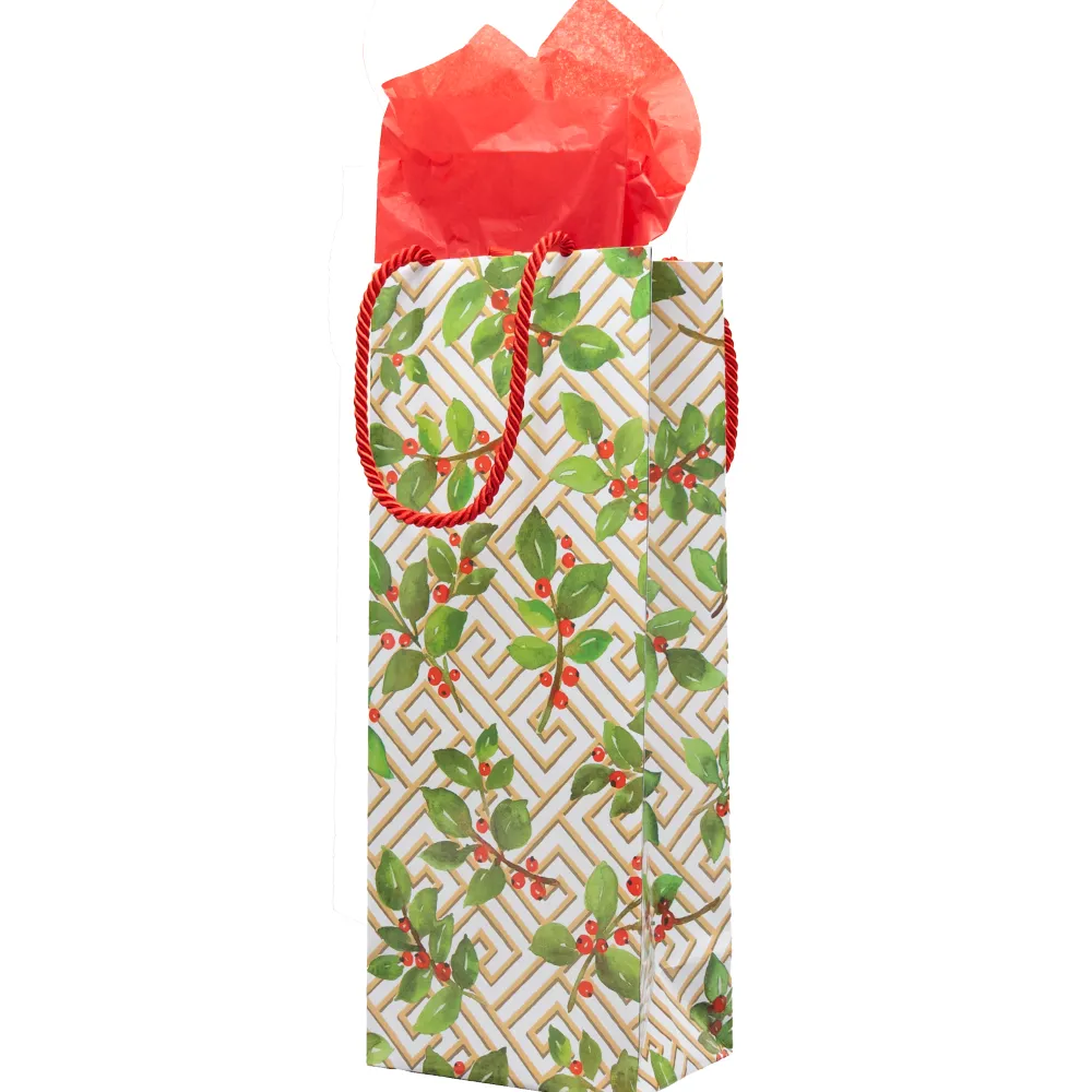 Caspari Christmas Gift & Bottle Bags|Gift & Bottle Bags|Holly And Fretwork Gift Bags - includes 1 Gift Bags