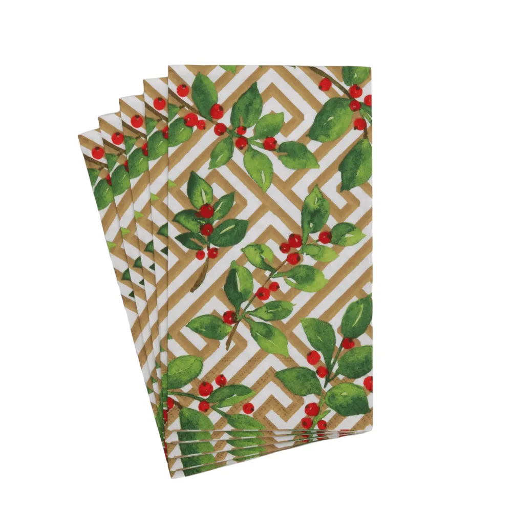 Caspari Paper Guest Towels|Holly And Fretwork White Guest Towels - includes 15 Guest Towels