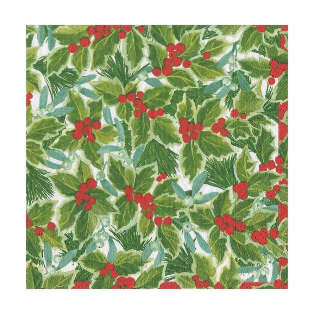 Caspari Christmas Napkins|Paper Luncheon Napkins|Holly and Mistletoe Paper Luncheon Napkins - 20 Per Package