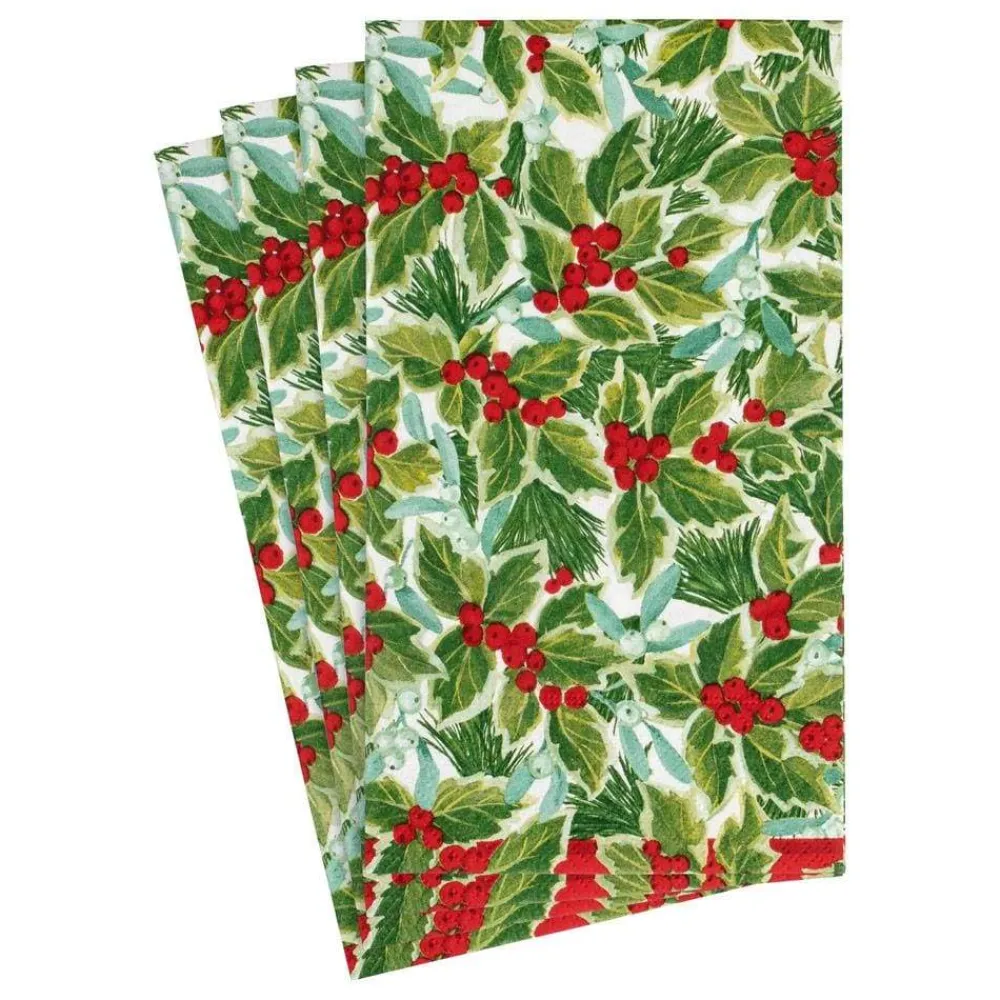 Caspari Christmas Napkins|Paper Guest Towels|Holly and Mistletoe Paper Guest Towel Napkins - 15 Per Package