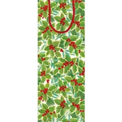 Caspari Christmas Gift & Bottle Bags|Gift & Bottle Bags|Holly and Mistletoe Wine & Bottle Gift Bag in White - 1 Each