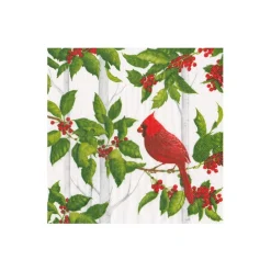 Caspari Christmas Napkins|Paper Cocktail Napkins|Holly And Songbirds White & Silver Cocktail Napkins - 20 Per Package