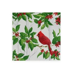 Caspari Christmas Napkins|Paper Luncheon Napkins|Holly And Songbirds White & Silver Luncheon Napkins - 20 Per Package