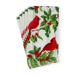 Caspari Christmas Napkins|Paper Guest Towels|Holly And Songbirds White & Silver Guest Towel Napkins - 15 Per Package