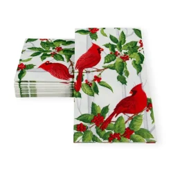 Caspari Christmas Napkins|Paper Guest Towels|Holly And Songbirds White & Silver Guest Towel Napkins - 15 Per Package