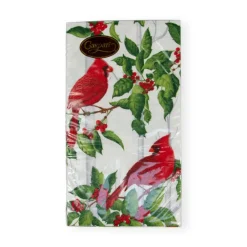 Caspari Christmas Napkins|Paper Guest Towels|Holly And Songbirds White & Silver Guest Towel Napkins - 15 Per Package