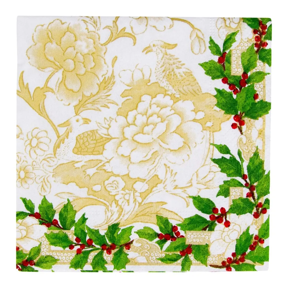 Caspari Christmas Napkins|Paper Cocktail Napkins|Holly Ceramic Ivory & Gold Cocktail Napkins - 20 Per Package