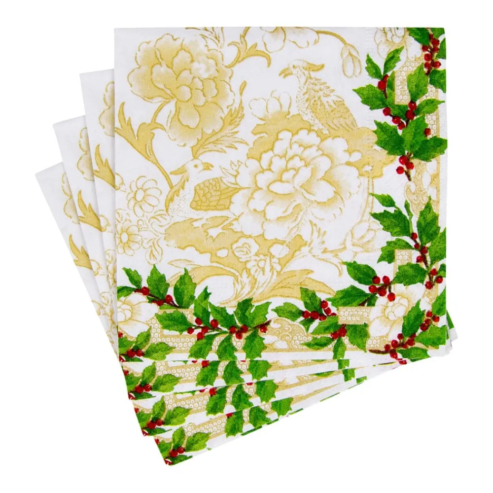 Caspari Christmas Napkins|Paper Cocktail Napkins|Holly Ceramic Ivory & Gold Cocktail Napkins - 20 Per Package