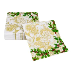 Caspari Christmas Napkins|Paper Cocktail Napkins|Holly Ceramic Ivory & Gold Cocktail Napkins - 20 Per Package
