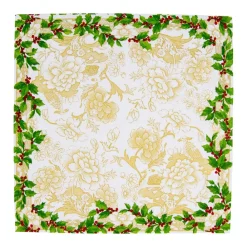 Caspari Christmas Napkins|Paper Cocktail Napkins|Holly Ceramic Ivory & Gold Cocktail Napkins - 20 Per Package