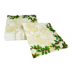 Caspari Christmas Napkins|Paper Luncheon Napkins|Holly Ceramic Ivory & Gold Luncheon Napkins - 20 Per Package