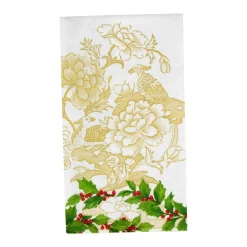 Caspari Christmas Napkins|Paper Guest Towels|Holly Ceramic Ivory & Gold Guest Towel Napkins - 15 Per Package