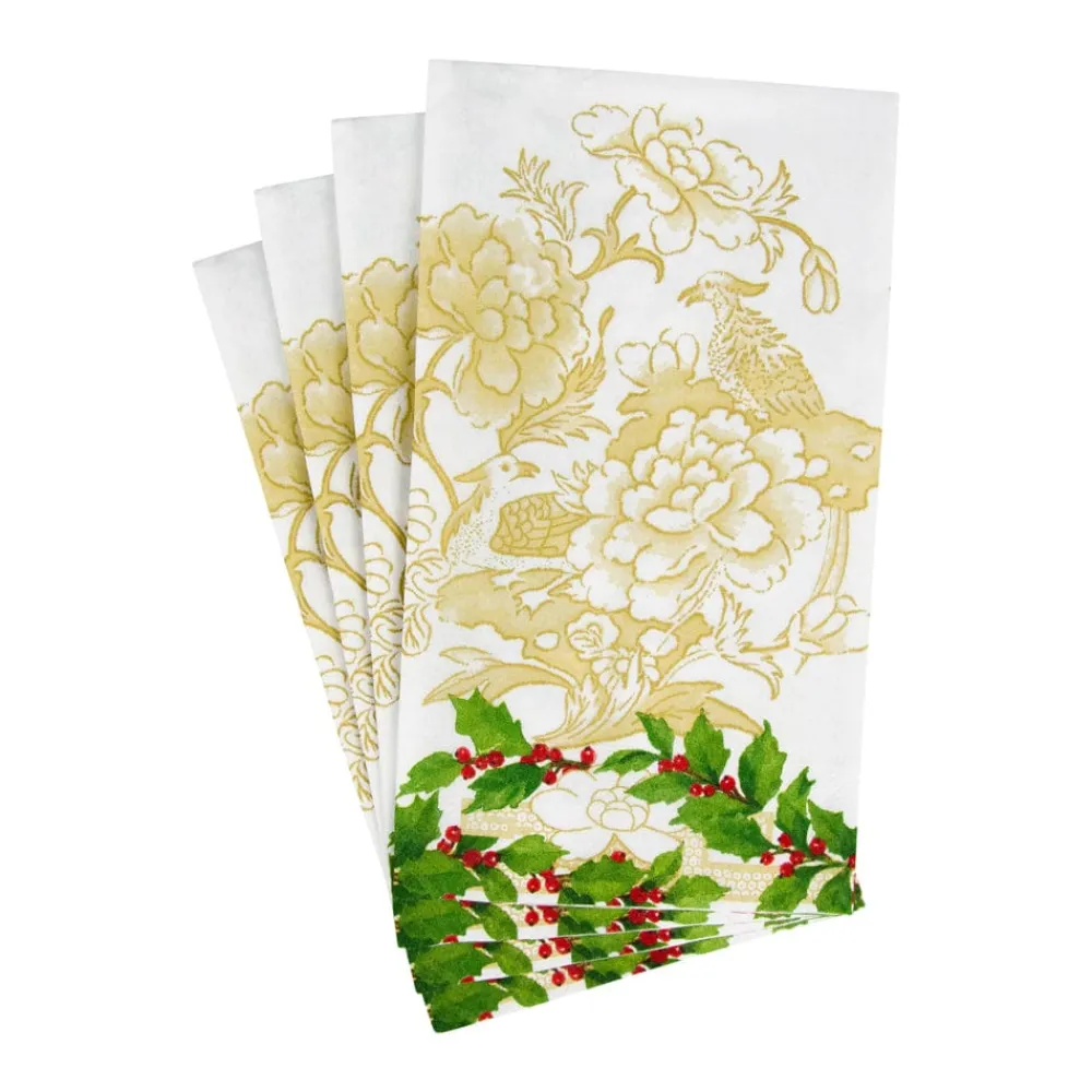 Caspari Christmas Napkins|Paper Guest Towels|Holly Ceramic Ivory & Gold Guest Towel Napkins - 15 Per Package
