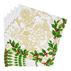 Caspari Christmas Napkins|Paper Dinner Napkins|Holly Ceramic Ivory & Gold Dinner Napkins - 20 Per Package