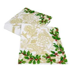 Caspari Christmas Napkins|Paper Dinner Napkins|Holly Ceramic Ivory & Gold Dinner Napkins - 20 Per Package