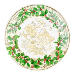 Caspari Christmas Plates|Paper Dinner Plates|Holly Ceramic Ivory & Gold Paper Dinner Plates - 8 Per Package