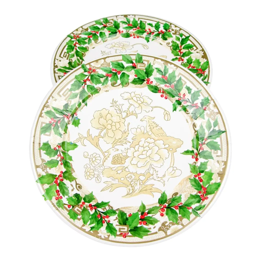 Caspari Christmas Plates|Paper Dinner Plates|Holly Ceramic Ivory & Gold Paper Dinner Plates - 8 Per Package