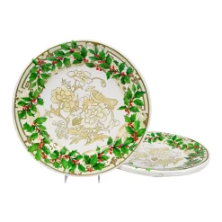 Caspari Christmas Plates|Paper Dinner Plates|Holly Ceramic Ivory & Gold Paper Dinner Plates - 8 Per Package