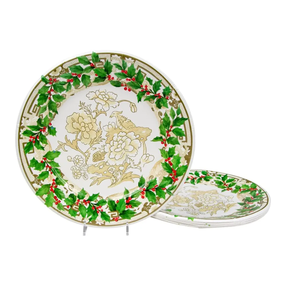 Caspari Christmas Plates|Paper Dinner Plates|Holly Ceramic Ivory & Gold Paper Dinner Plates - 8 Per Package
