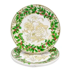 Caspari Christmas Plates|Paper Dinner Plates|Holly Ceramic Ivory & Gold Paper Dinner Plates - 8 Per Package