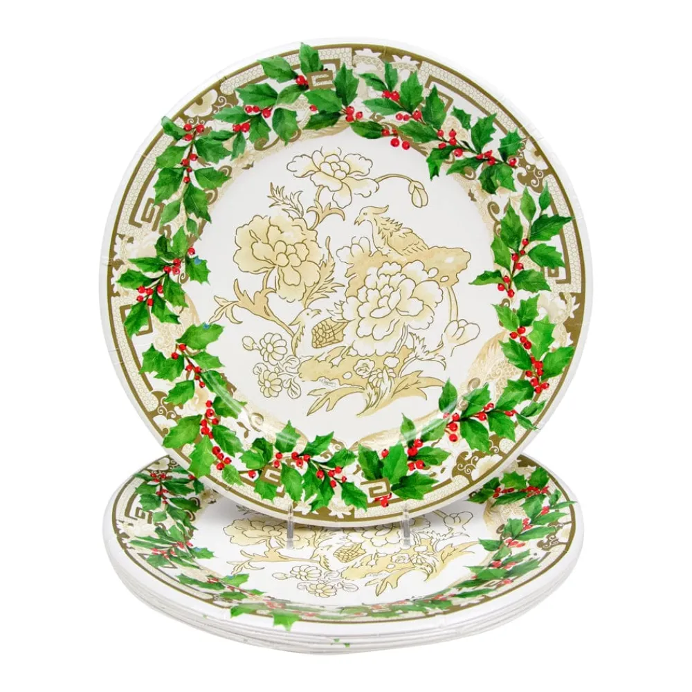 Caspari Christmas Plates|Paper Dinner Plates|Holly Ceramic Ivory & Gold Paper Dinner Plates - 8 Per Package