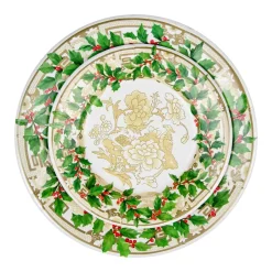 Caspari Christmas Plates|Paper Dinner Plates|Holly Ceramic Ivory & Gold Paper Dinner Plates - 8 Per Package