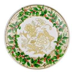 Caspari Christmas Plates|Paper Salad And Dessert Plates|Holly Ceramic Ivory & Gold Paper Salad & Dessert Plates - 8 Per Package