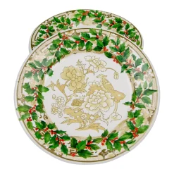 Caspari Christmas Plates|Paper Salad And Dessert Plates|Holly Ceramic Ivory & Gold Paper Salad & Dessert Plates - 8 Per Package