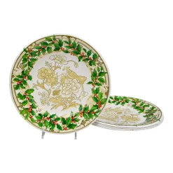 Caspari Christmas Plates|Paper Salad And Dessert Plates|Holly Ceramic Ivory & Gold Paper Salad & Dessert Plates - 8 Per Package