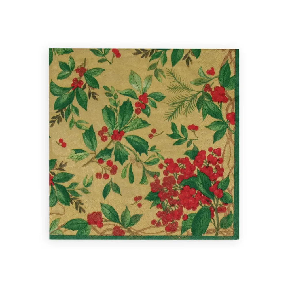 Caspari Christmas Napkins|Paper Luncheon Napkins|Holly Chintz Gold Luncheon Napkins - 20 Per Package