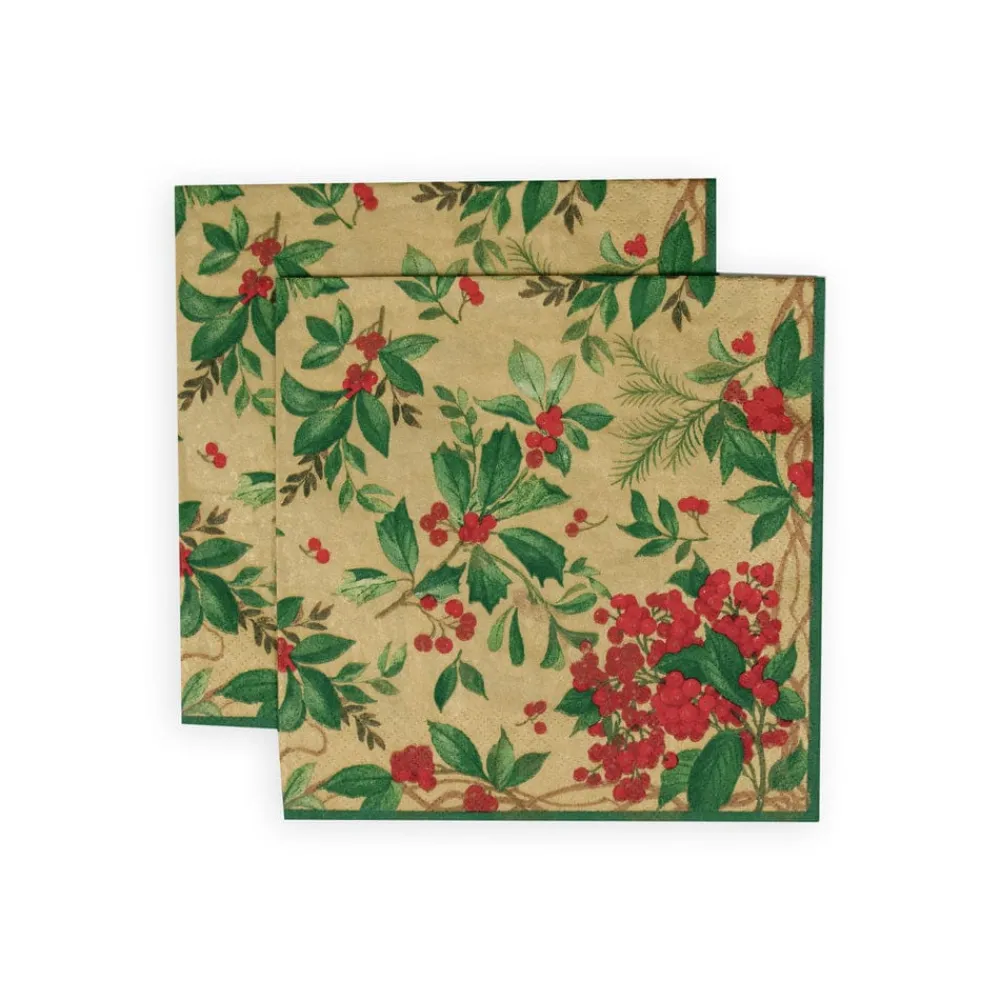 Caspari Christmas Napkins|Paper Luncheon Napkins|Holly Chintz Gold Luncheon Napkins - 20 Per Package