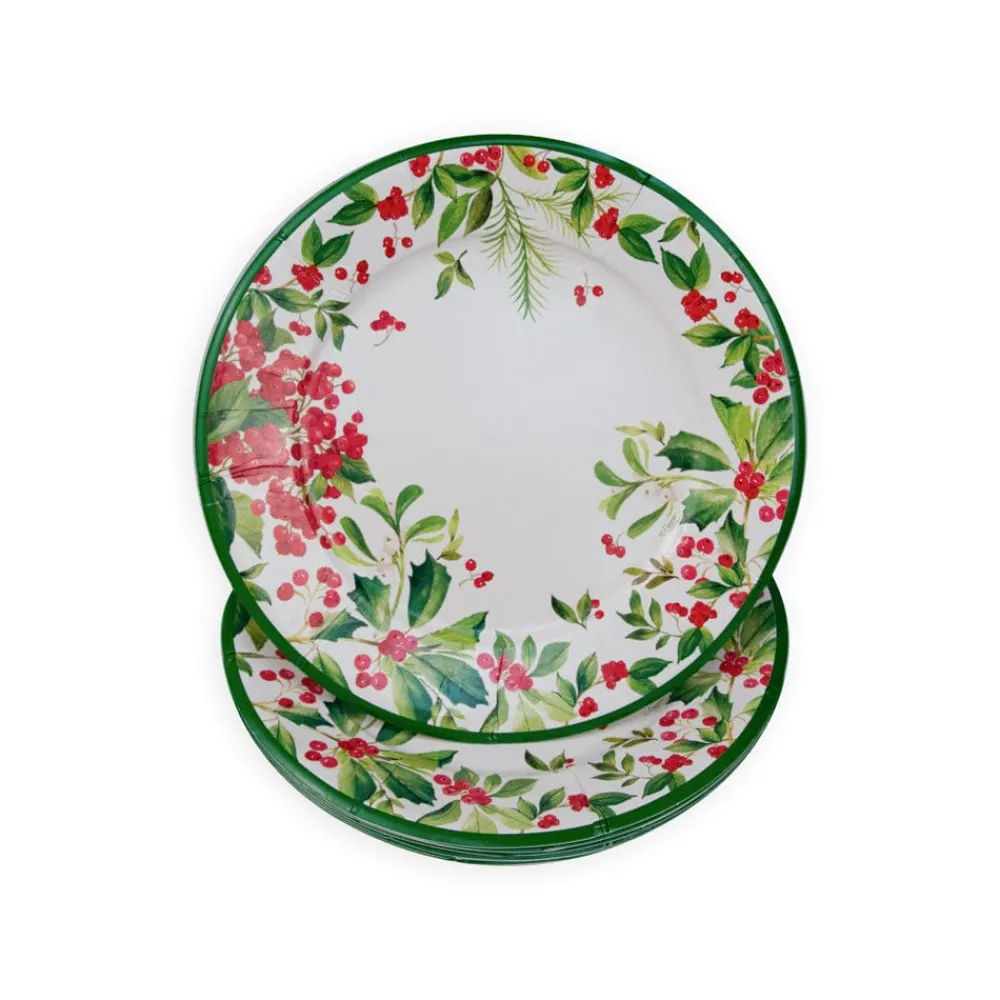 Caspari Christmas Plates|Paper Dinner Plates|Holly Chintz White Dinner Plates - 8 Per Package